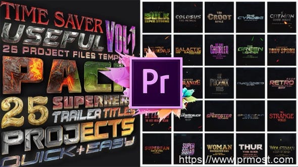 359-25组大气震撼文字特效Mogrt预设Pr预设，25 SuperHero Titles Pack For Premiere Pro | Mogrt