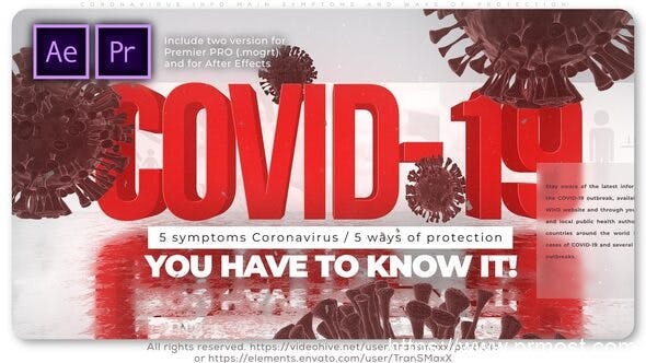 637预防新型冠状病毒视频宣传Mogrt预设AE模版，Coronavirus Info Main Symptoms and Ways of Protection