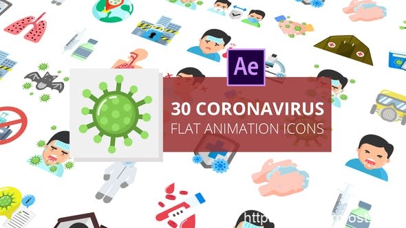 686-30个新冠病毒医学ICON图标动画PR预设AE模板，Coronavirus Flat Animation Icons