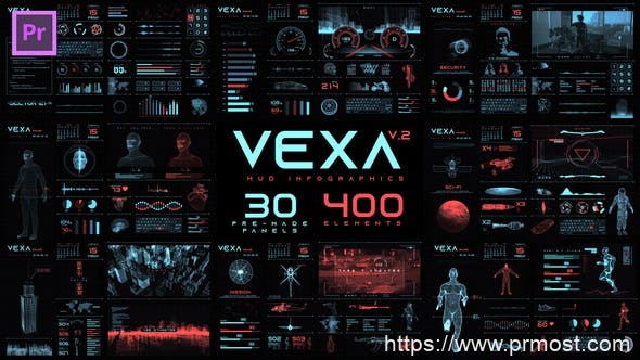 834高科技HUD界面mogrt动画Pr预设，Vexa HUD Infographics Essential Graphics