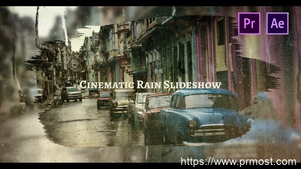 1854-电影《雨》幻灯片文字标题动态展示Pr模板Cinematic Rain Slideshow