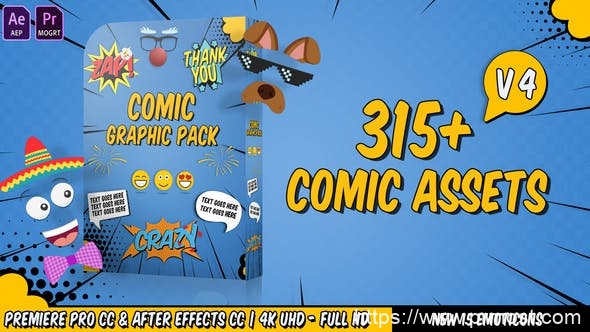 2071-漫画标题语音泡泡贴纸图形包Pr模板Comic Titles – Speech Bubbles – Emoji – Stickers – Flash FX Graphic Pack