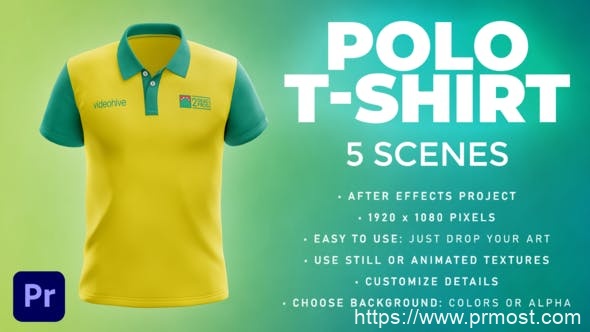 3911-T恤样机模板产品促销宣传展示Pr模板Polo T-shirt – 5 Scenes Mockup Template – Animated Mockup PREMIERE