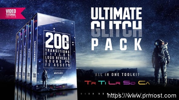 4615-终极故障转场过渡标题徽标动态演绎Pr模板Ultimate Glitch Pack: Transitions, Titles, Logo Reveals, Sound FX