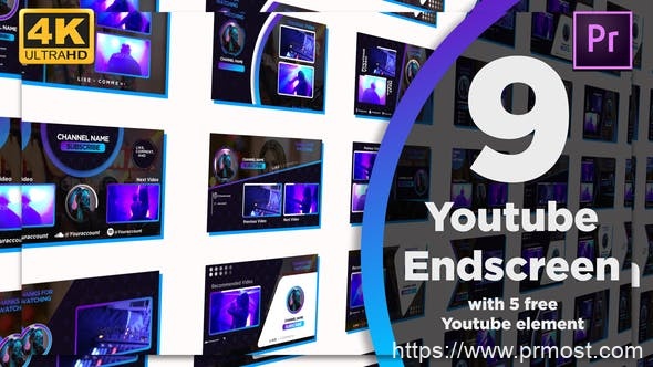 4912-YouTube终端屏幕标题视频订阅栏目包装Pr模板Youtube End Screens 9+5