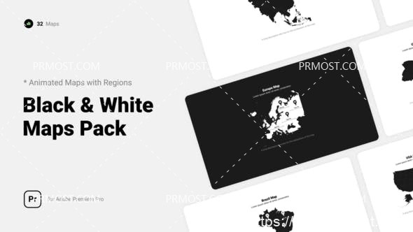 6674创意视频包装动画Pr模板Black & White Maps with Pins l MOGRT for Premiere Pro